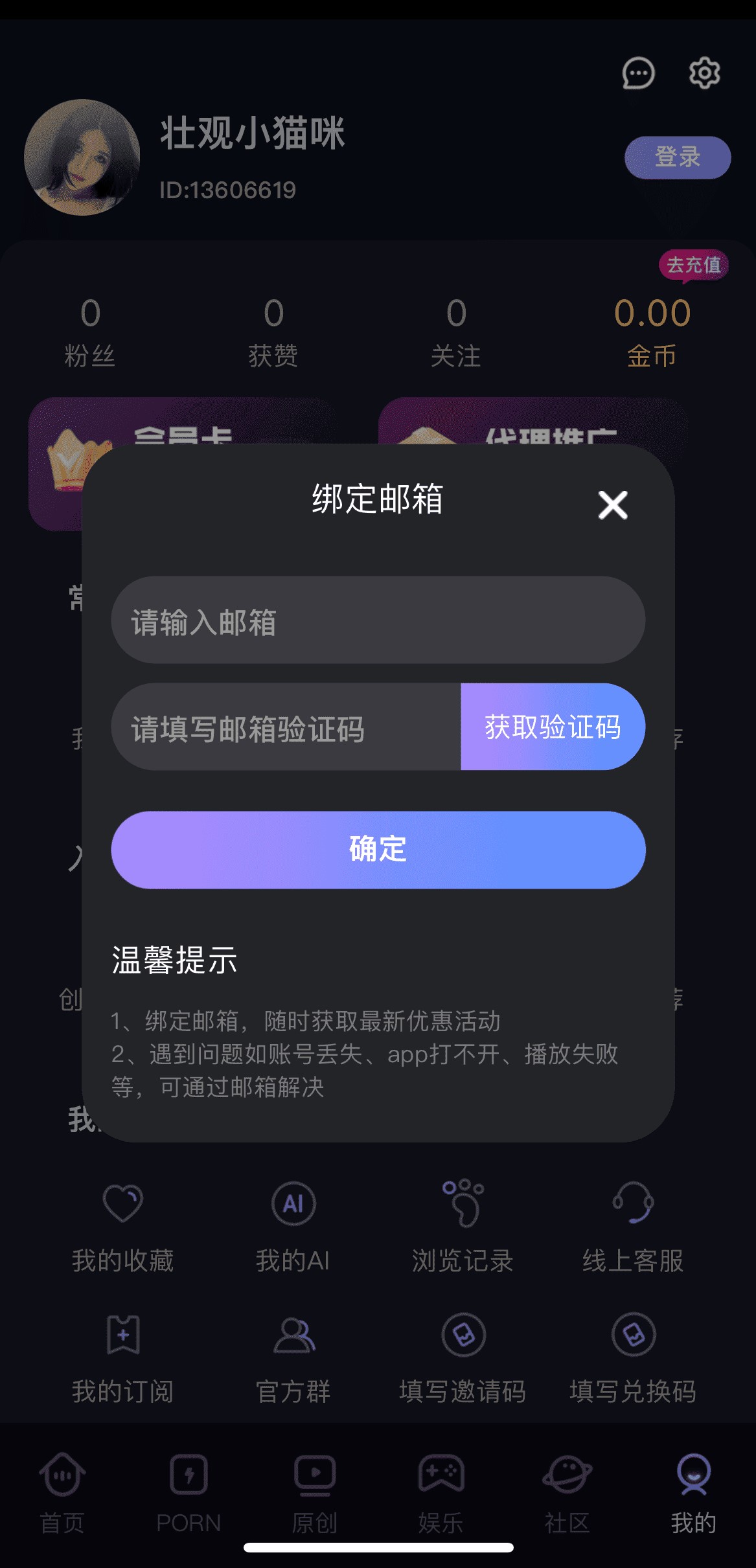 91POAPP个人中心绑定邮箱账户安全验证功能页面